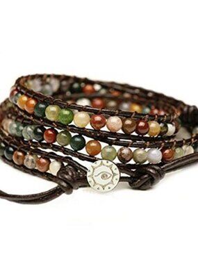Leather Wrap Bracelet Natural Agate Beaded Adjustable Boho Multilayer Bracelet